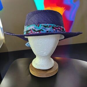 Vtg One Size Purple Wrap Scarf Straw Hat Retro Geometric USA Art To Wear Beach
